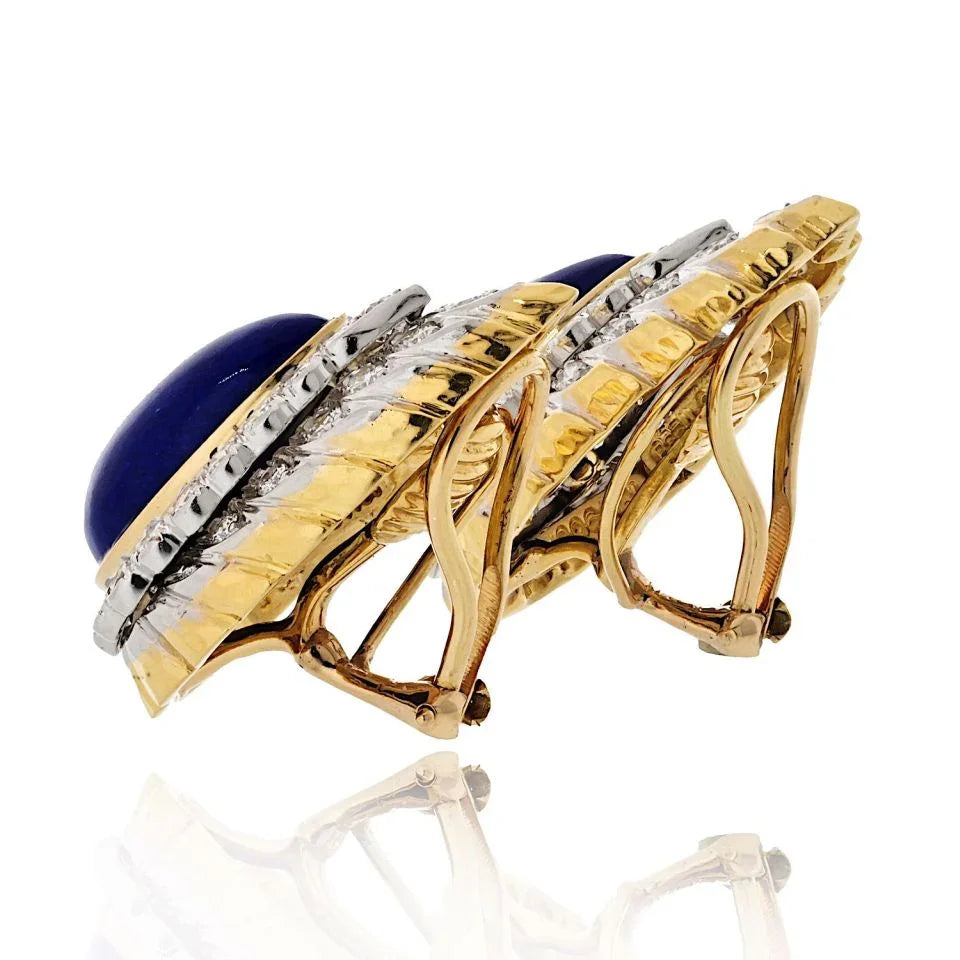 David Webb Platinum & 18K Yellow Gold Cabochon Pear Shaped Lapis And Diamond Clip Earrings — view 3 — Laura Milman New York