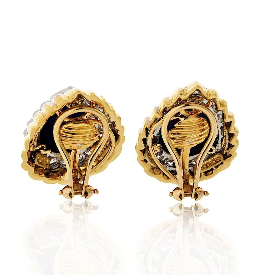 David Webb Platinum & 18K Yellow Gold Cabochon Pear Shaped Lapis And Diamond Clip Earrings — view 4 — Laura Milman New York