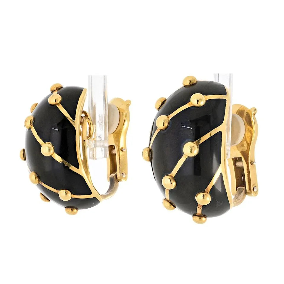 Tiffany & Co. Schlumberger Platinum & 18K Yellow Gold Banana Black Enamel Earrings — view 2 — Laura Milman New York