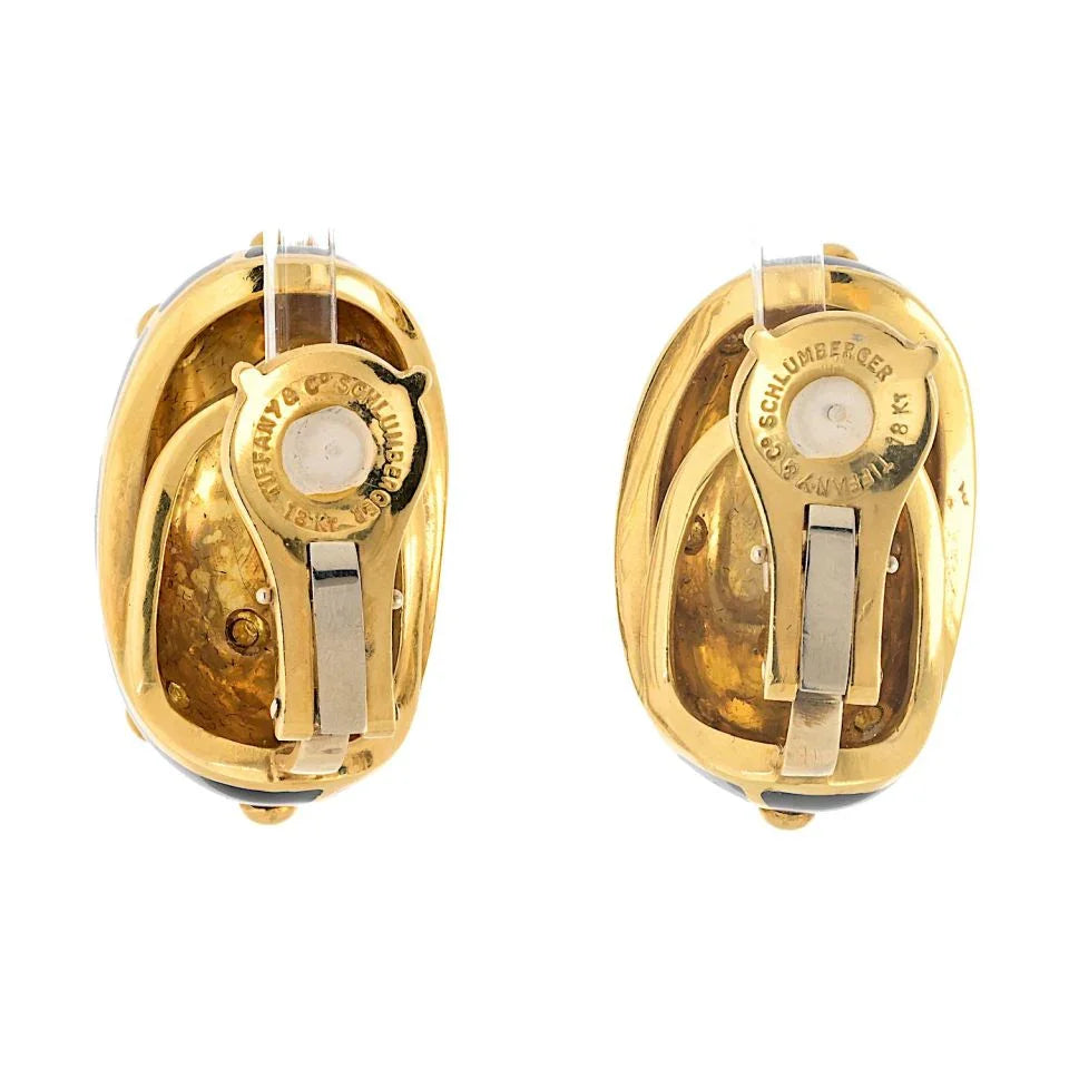 Tiffany & Co. Schlumberger Platinum & 18K Yellow Gold Banana Black Enamel Earrings — view 4 — Laura Milman New York