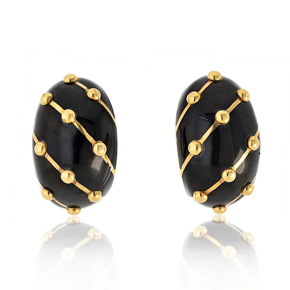 Tiffany & Co. Schlumberger Platinum & 18K Yellow Gold Banana Black Enamel Earrings — Laura Milman New York