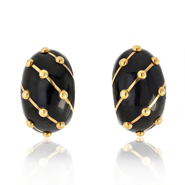 Tiffany & Co. Schlumberger Platinum & 18K Yellow Gold Banana Black Enamel Earrings