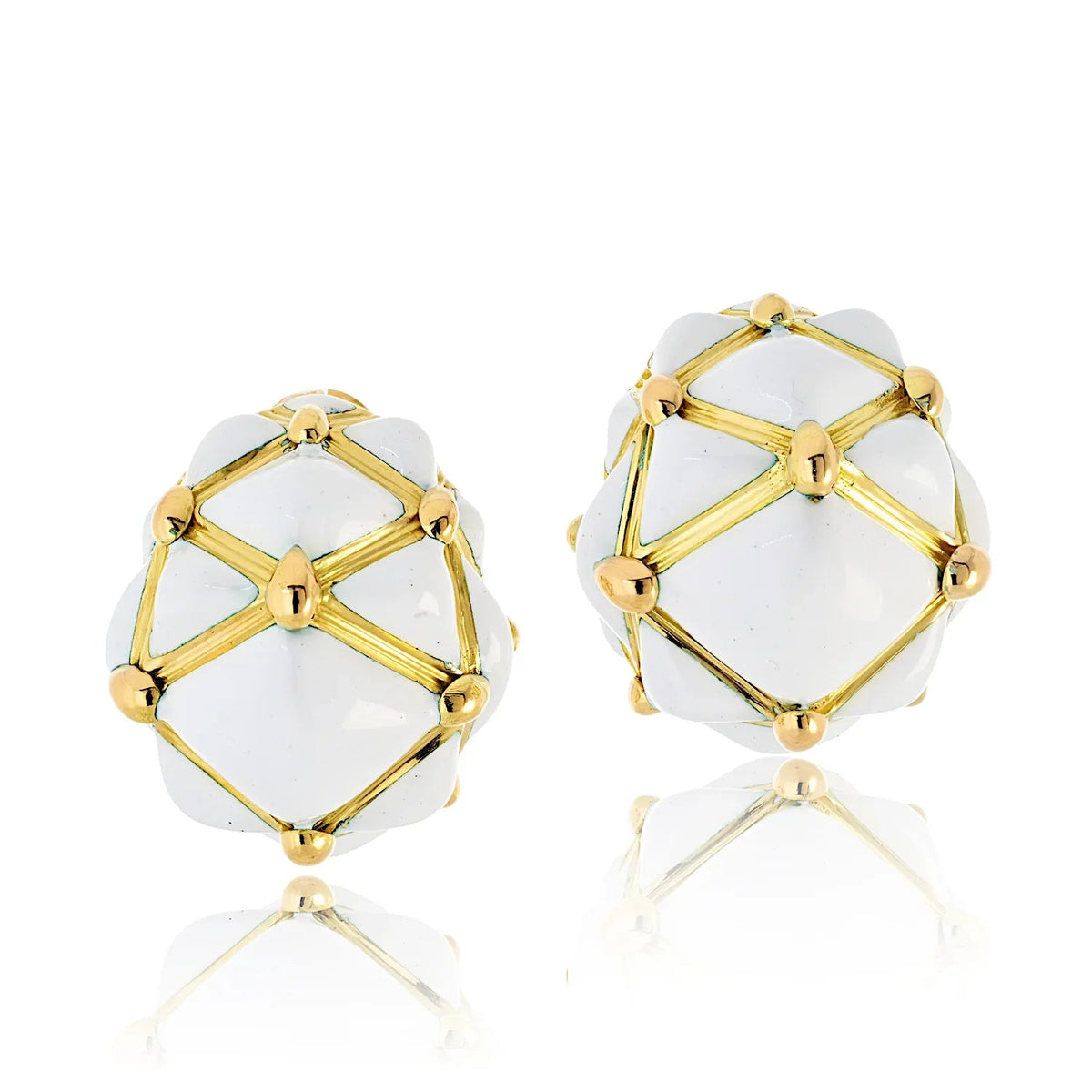 David Webb Platinum & 18K Yellow Gold White Enamel Bombe Dome Geodesic Earrings — Laura Milman New York