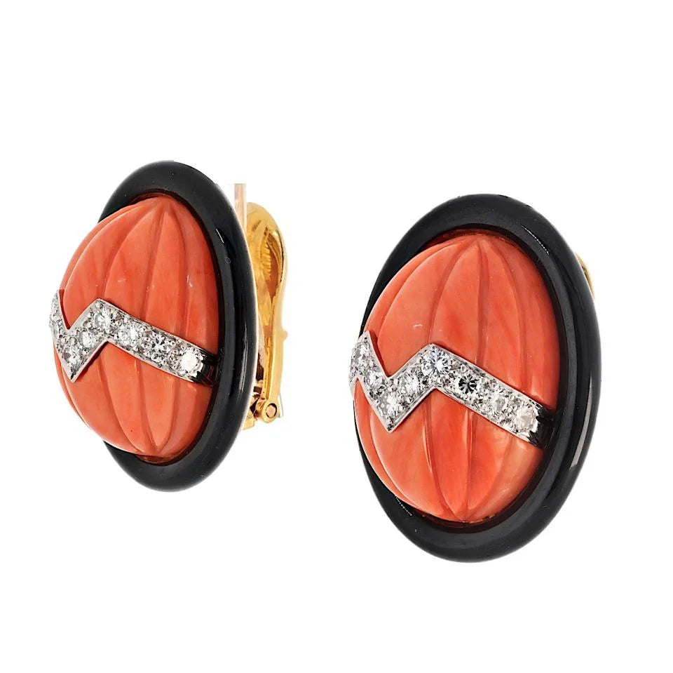David Webb Platinum & 18K Yellow Gold Coral Carved Black Enamel Oval Clip Earrings — view 2 — Laura Milman New York