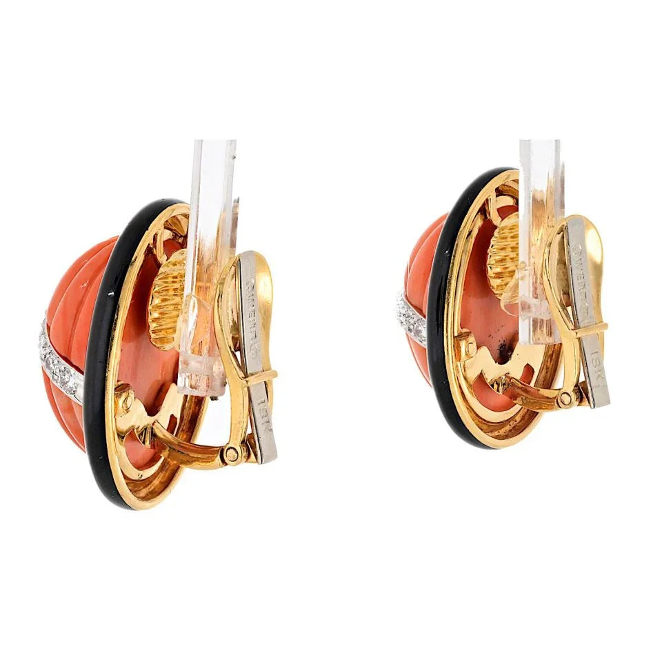 David Webb Platinum & 18K Yellow Gold Coral Carved Black Enamel Oval Clip Earrings — view 3 — Laura Milman New York