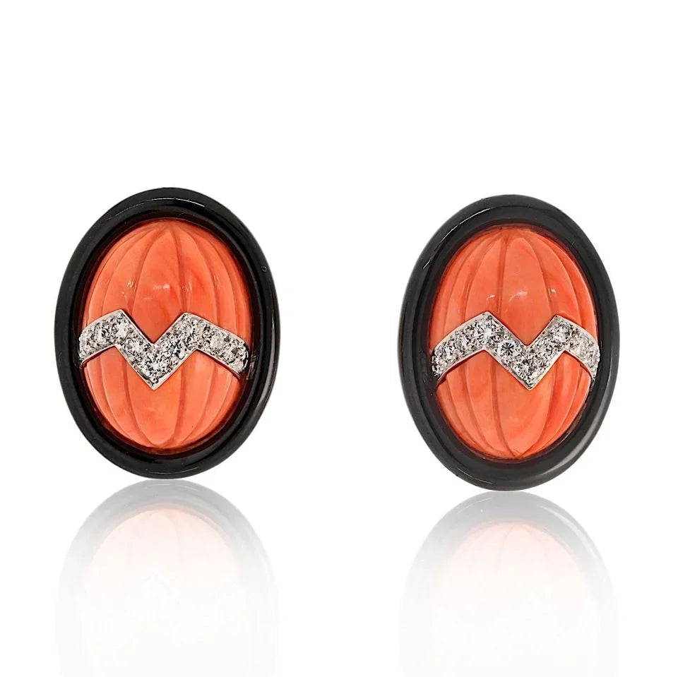 David Webb Platinum & 18K Yellow Gold Coral Carved Black Enamel Oval Clip Earrings — Laura Milman New York