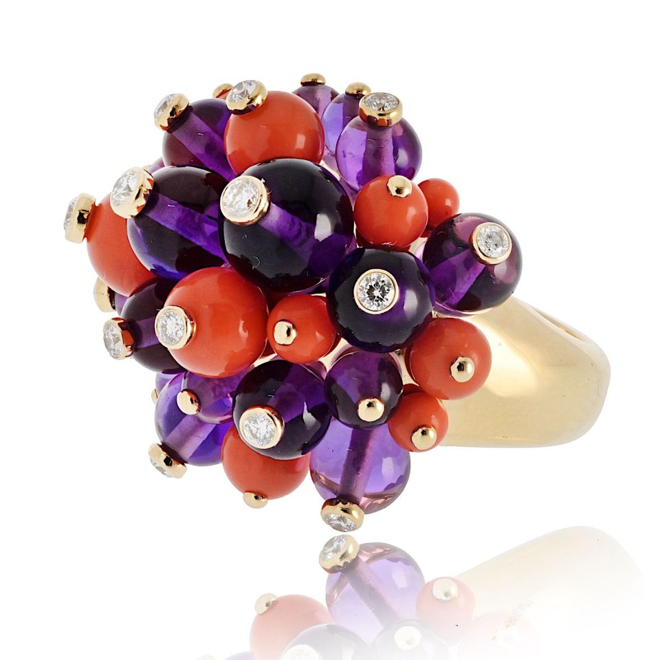 Cartier 18K Yellow Gold Les Délices de Goa Ring with Amethyst and Coral, Size 52