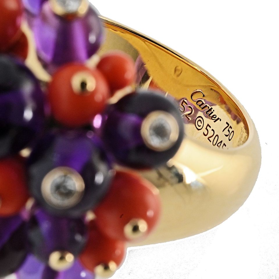 Cartier 18K Yellow Gold Les Délices de Goa Ring with Amethyst and Coral, Size 52