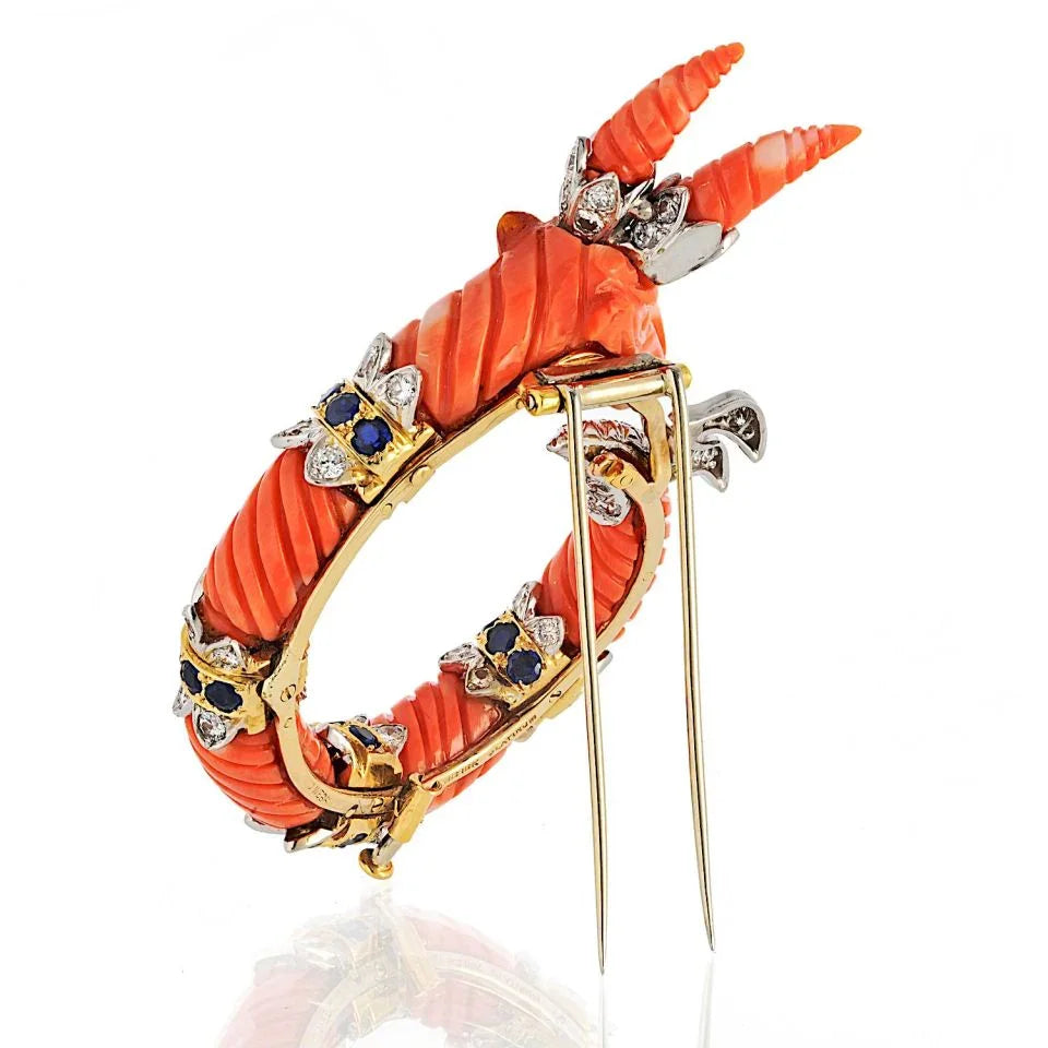 David Webb Platinum & 18K Yellow Gold Carved Coral Mountain Goat Capricorn Brooch — view 3 — Laura Milman New York