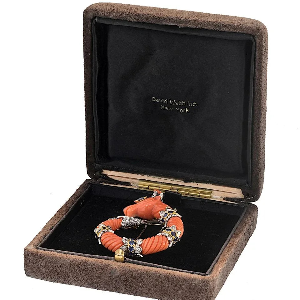 David Webb Platinum & 18K Yellow Gold Carved Coral Mountain Goat Capricorn Brooch — view 5 — Laura Milman New York