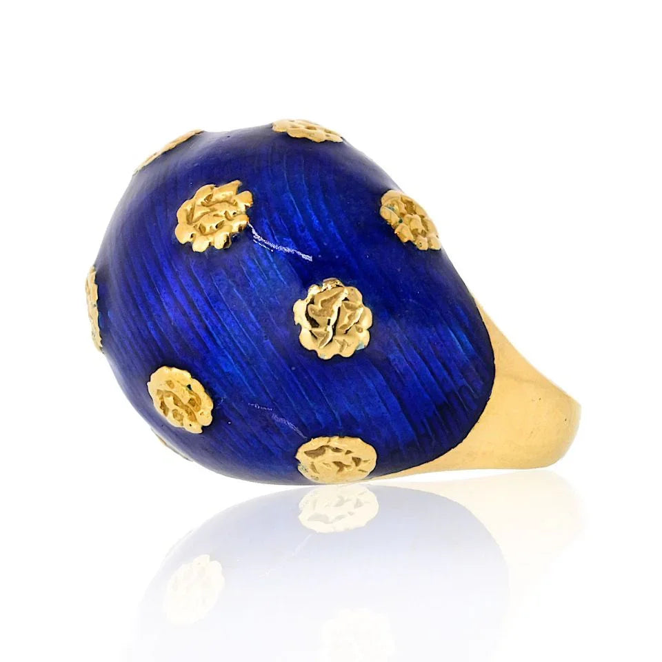Van Cleef & Arpels 18K Yellow Gold 1970's Blue Enamel Ring And Earrings Jewelry Set — view 2 — Laura Milman New York