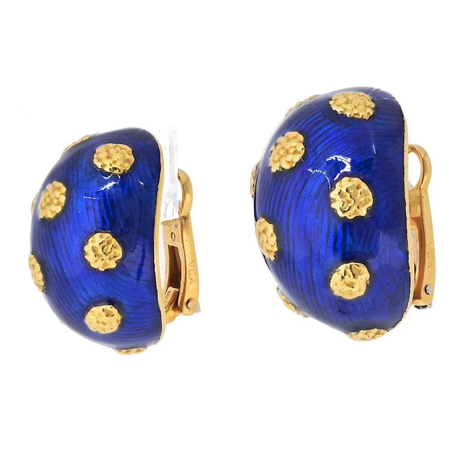 Van Cleef & Arpels 18K Yellow Gold 1970's Blue Enamel Ring And Earrings Jewelry Set — view 5 — Laura Milman New York