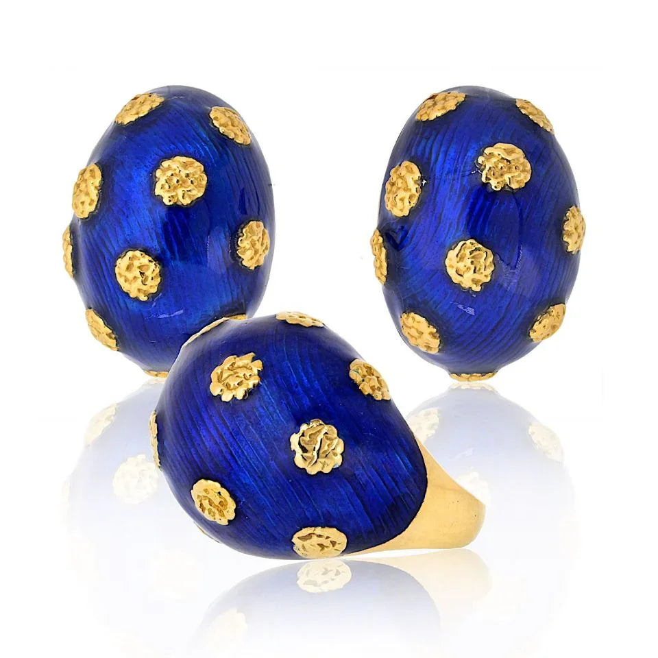 Van Cleef & Arpels 18K Yellow Gold 1970's Blue Enamel Ring And Earrings Jewelry Set — Laura Milman New York