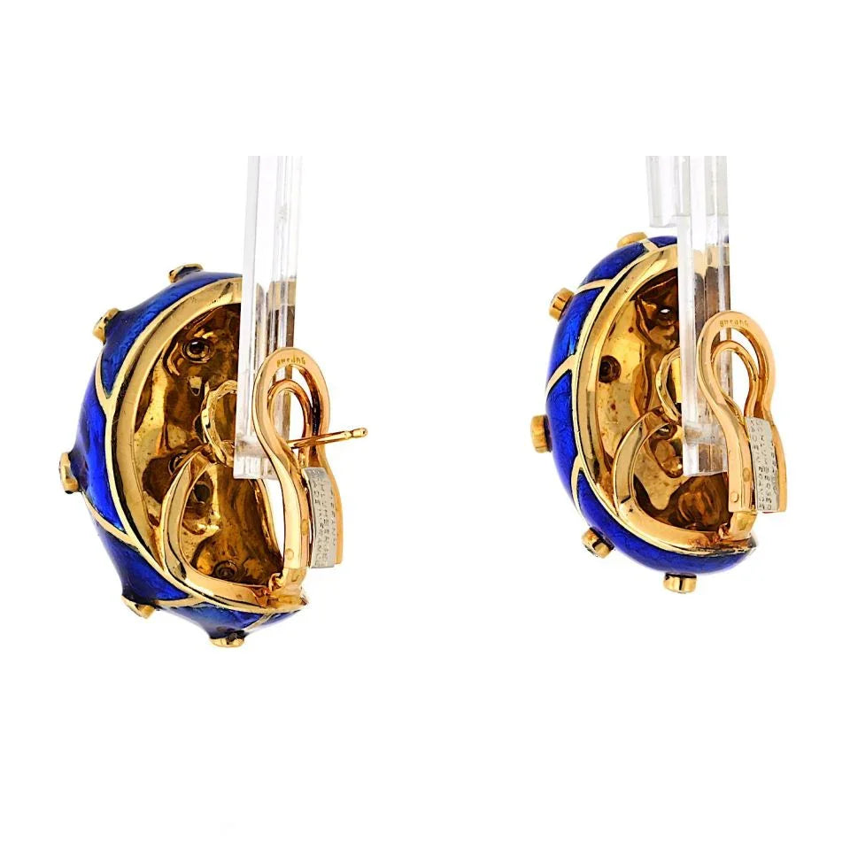 Tiffany & Co. Schlumberger Platinum & 18K Yellow Gold Blue Enamel And Diamond Earrings — view 3 — Laura Milman New York