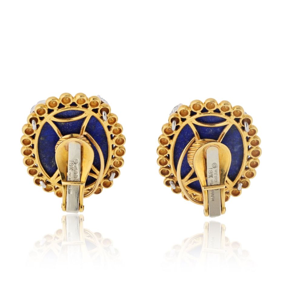 David Webb Platinum & 18K Yellow Gold Turquoise Lapis And Diamond Clip On Earrings — view 4 — Laura Milman New York