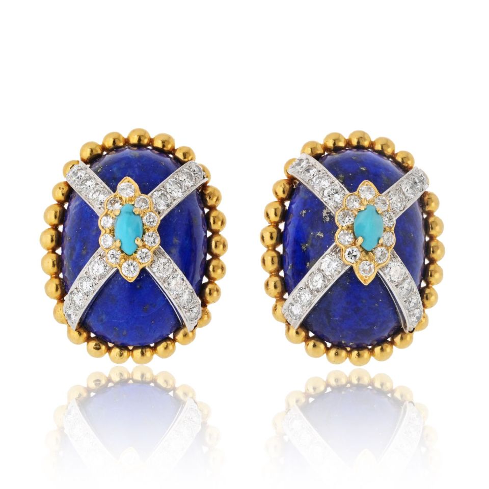 David Webb Platinum & 18K Yellow Gold Turquoise Lapis And Diamond Clip On Earrings — Laura Milman New York