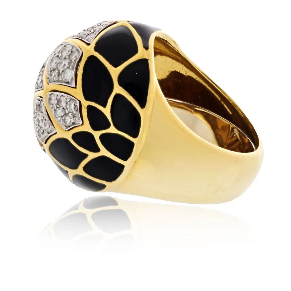 David Webb Platinum & 18K Yellow Gold Pave Set Diamonds And Black Enamel Ring — view 2 — Laura Milman New York
