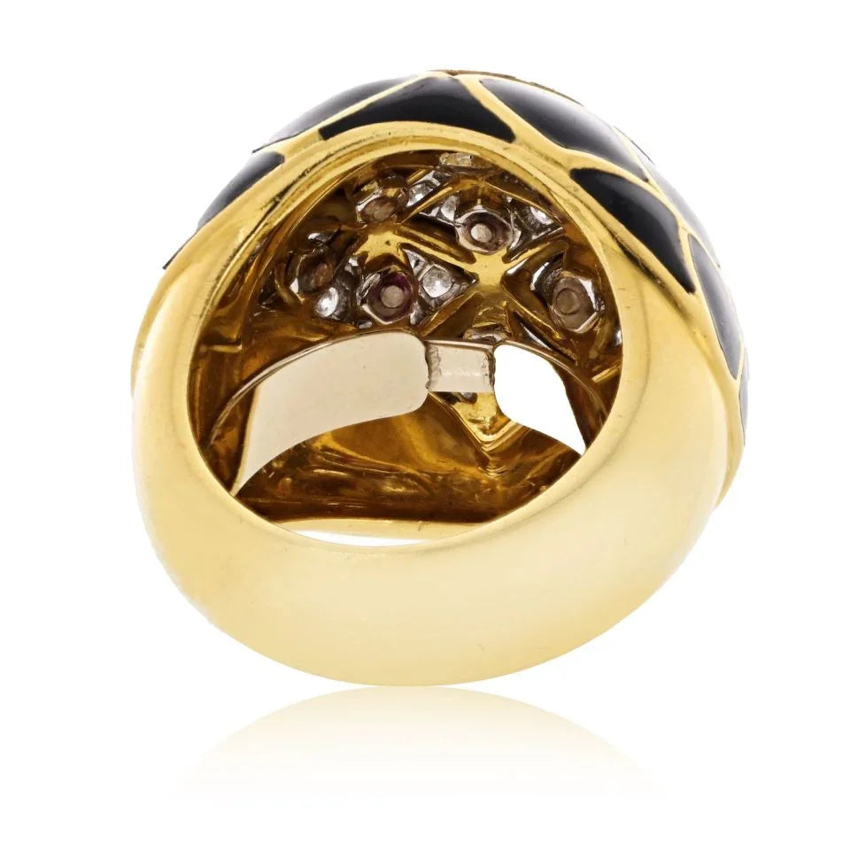 David Webb Platinum & 18K Yellow Gold Pave Set Diamonds And Black Enamel Ring — view 4 — Laura Milman New York