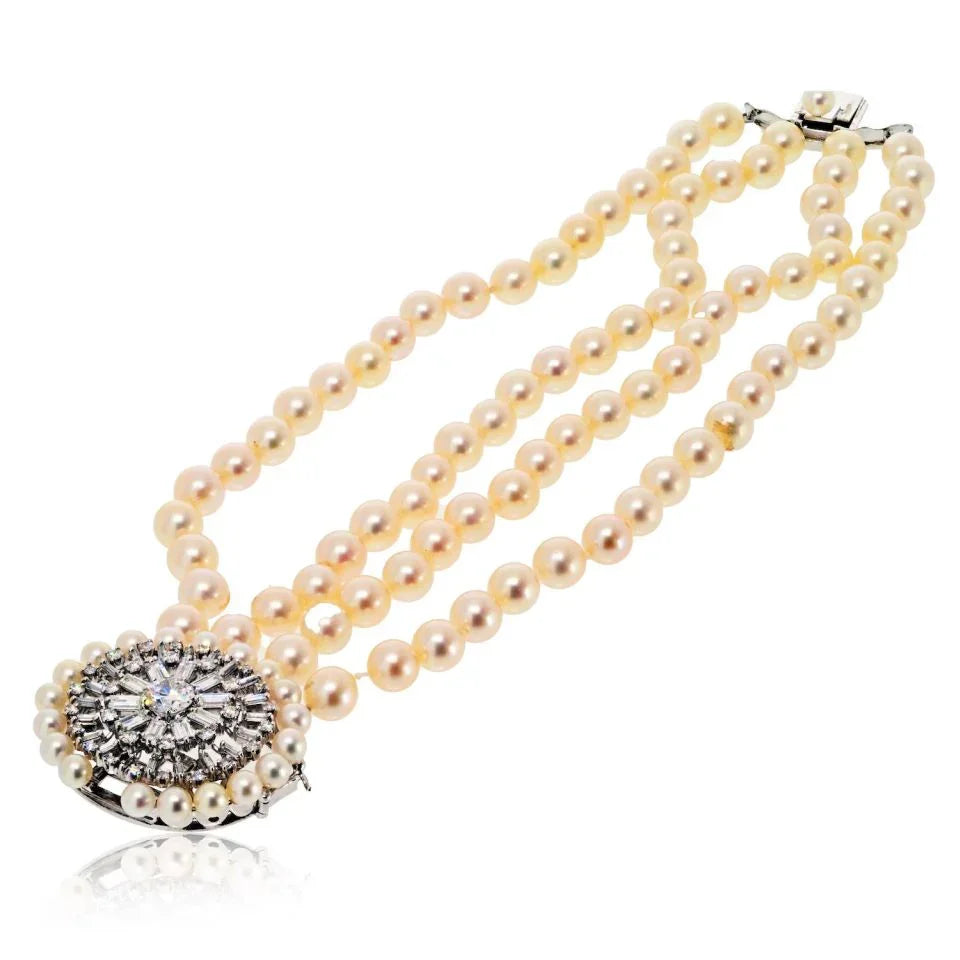 David Webb Platinum 1960's Pearl Multi-String Diamond Clasp Bracelet — view 2 — Laura Milman New York