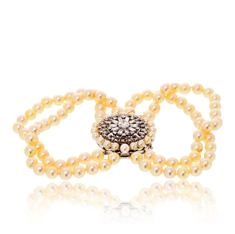 David Webb Platinum 1960's Pearl Multi-String Diamond Clasp Bracelet — Laura Milman New York