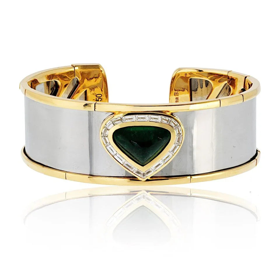 Marina B . 18K Yellow Gold Green Emerald And Diamond Cuff Bracelet — Laura Milman New York