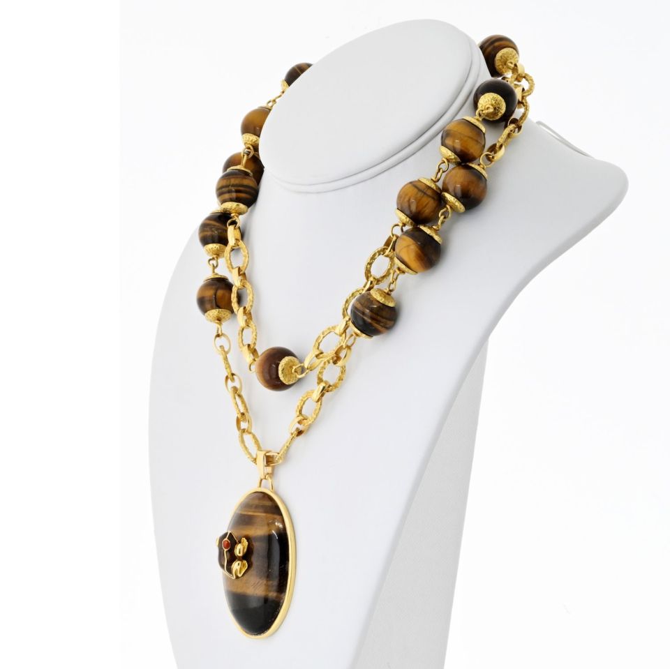 David Webb 18K Yellow Gold 1960's Tiger Eye Long Bead With A Frog Necklace — view 2 — Laura Milman New York