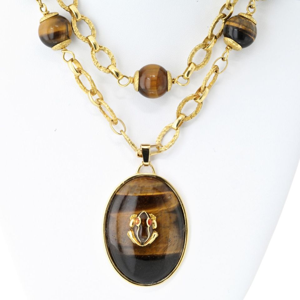 David Webb 18K Yellow Gold 1960's Tiger Eye Long Bead With A Frog Necklace — view 3 — Laura Milman New York