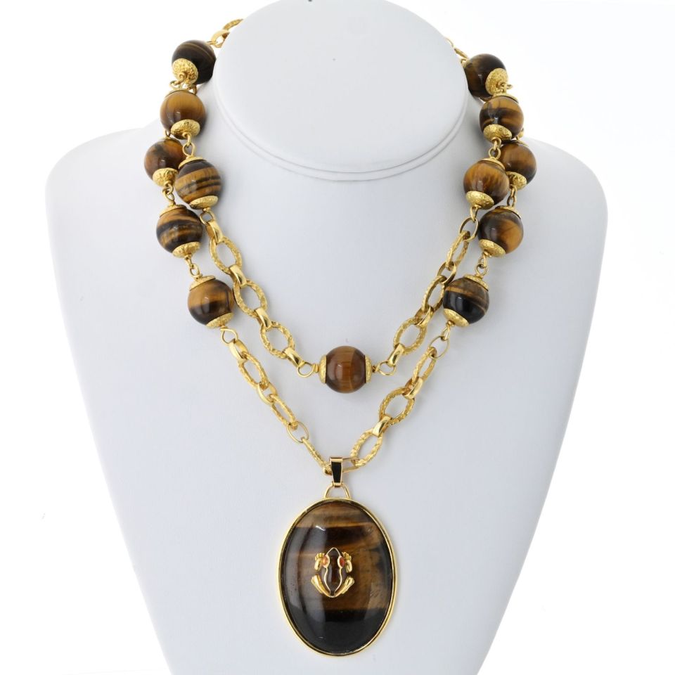 David Webb 18K Yellow Gold 1960's Tiger Eye Long Bead With A Frog Necklace — Laura Milman New York