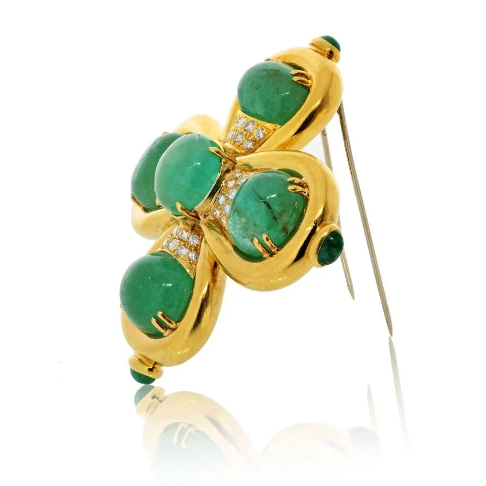 David Webb 18K Yellow Gold Cabochon Cut Green Emerald And Diamond Heraldic Brooch — view 2 — Laura Milman New York