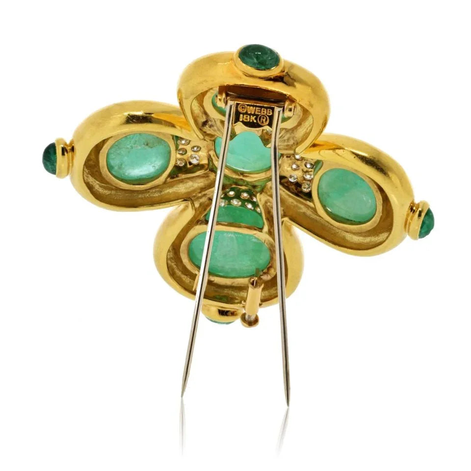 David Webb 18K Yellow Gold Cabochon Cut Green Emerald And Diamond Heraldic Brooch — view 4 — Laura Milman New York