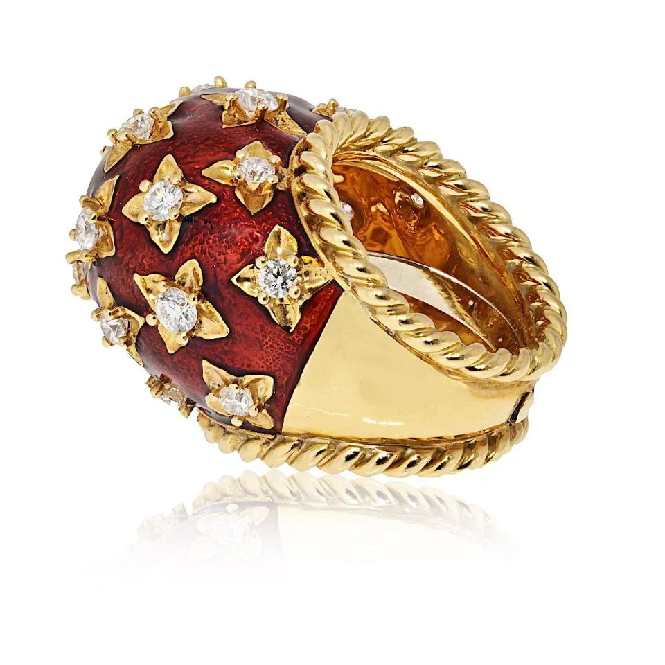David Webb Platinum & 18K Yellow Gold Red Enamel Diamond Dome Ring — view 3 — Laura Milman New York