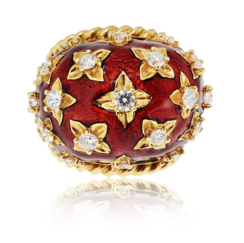 David Webb Platinum & 18K Yellow Gold Red Enamel Diamond Dome Ring — Laura Milman New York