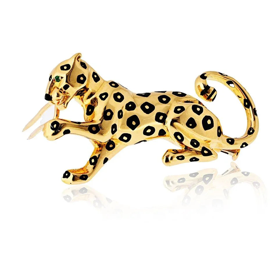 Cartier 18K Yellow Gold Panthere Black Enamel Spotted Brooch — Laura Milman New York