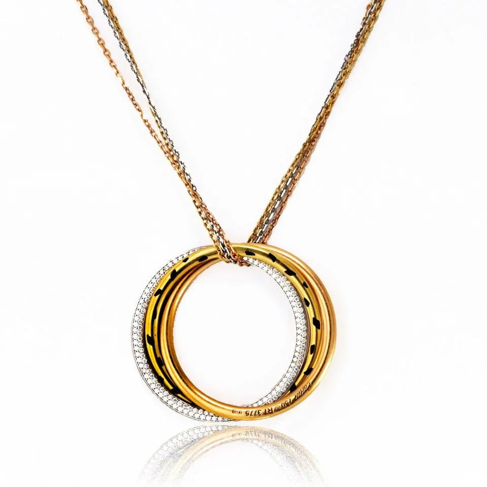 Cartier 18K Tri Color Trinity Diamond Spotted Panthere Circle Necklace — view 3 — Laura Milman New York