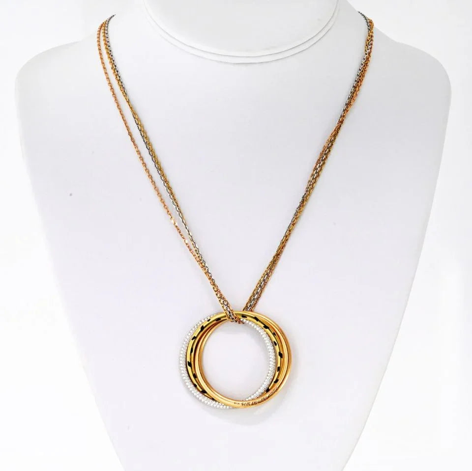 Cartier 18K Tri Color Trinity Diamond Spotted Panthere Circle Necklace — Laura Milman New York