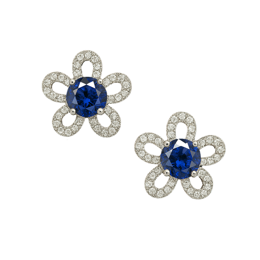 Flower Themed Sapphire Studs with Diamonds