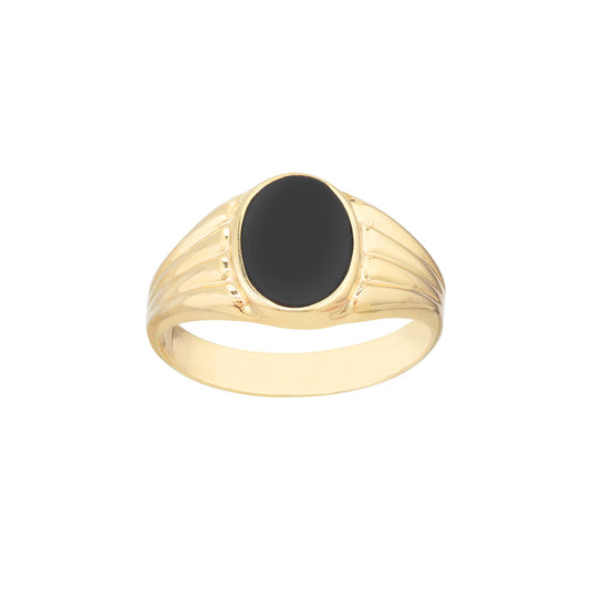 14K Gold Oval Oval Onyx Signet Ring with Textured Sides