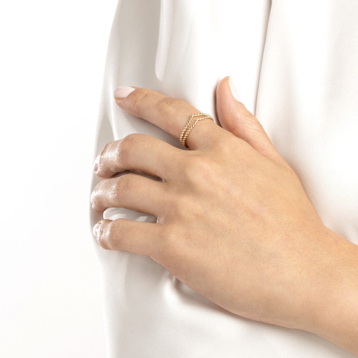 14K Gold Double Beaded Chevron Design Ring