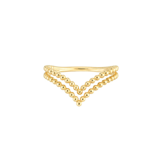 14K Gold Double Beaded Chevron Design Ring