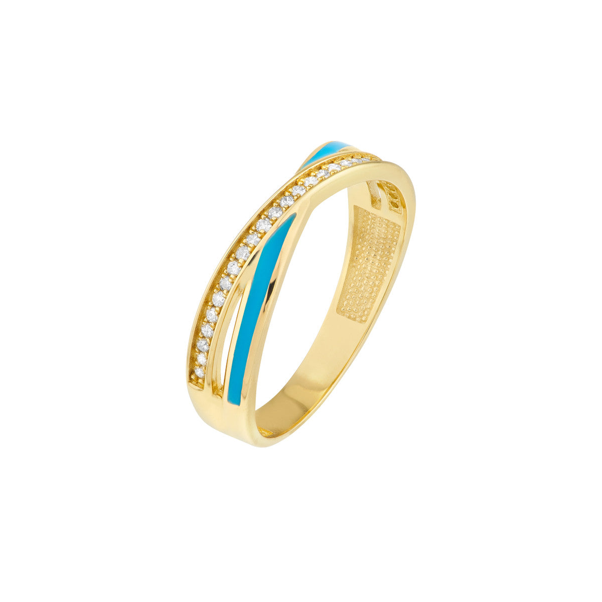 14K Gold Diamond Diamond and Neon Blue Enamel X Ring