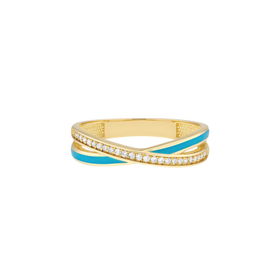 14K Gold Diamond Diamond and Neon Blue Enamel X Ring