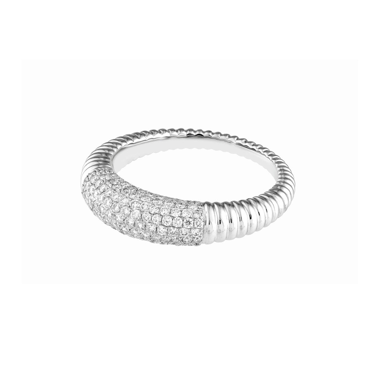 14K Gold Diamond Diamond Pave Ribbed Dome Ring (White Gold)