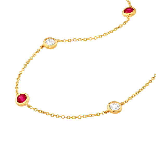 14K Gold Diamond Layered Adjustable Necklace 3/8tcw Diamond & Ruby Bezel Station