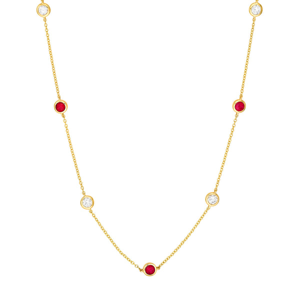 14K Gold Diamond Layered Adjustable Necklace 3/8tcw Diamond & Ruby Bezel Station