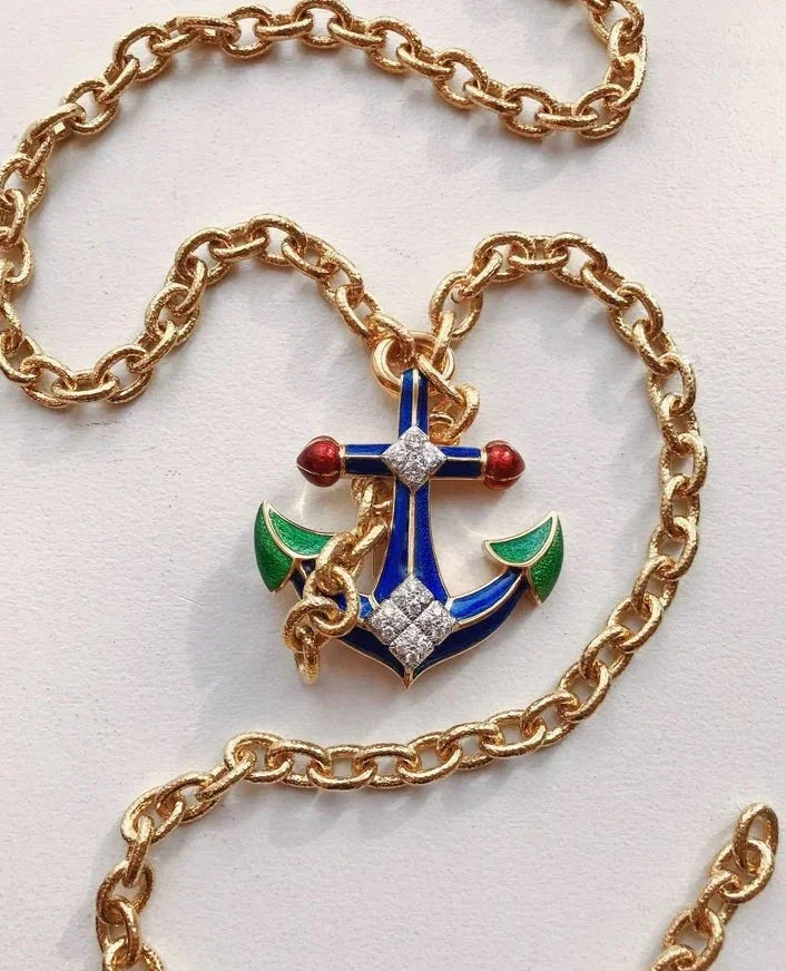 David Webb Platinum & 18K Yellow Gold Diamond And Enamel Anchor Pendant Brooch — view 5 — Laura Milman New York