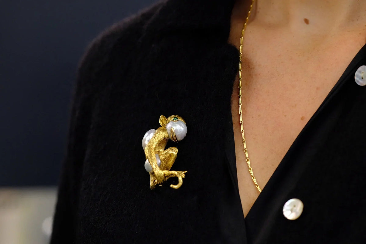 David Webb Platinum & 18K Yellow Gold Monkey On A Pearl And Emerald Eyes Brooch — view 7 — Laura Milman New York