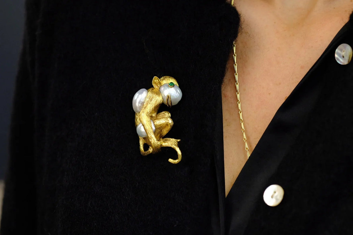 David Webb Platinum & 18K Yellow Gold Monkey On A Pearl And Emerald Eyes Brooch — view 8 — Laura Milman New York