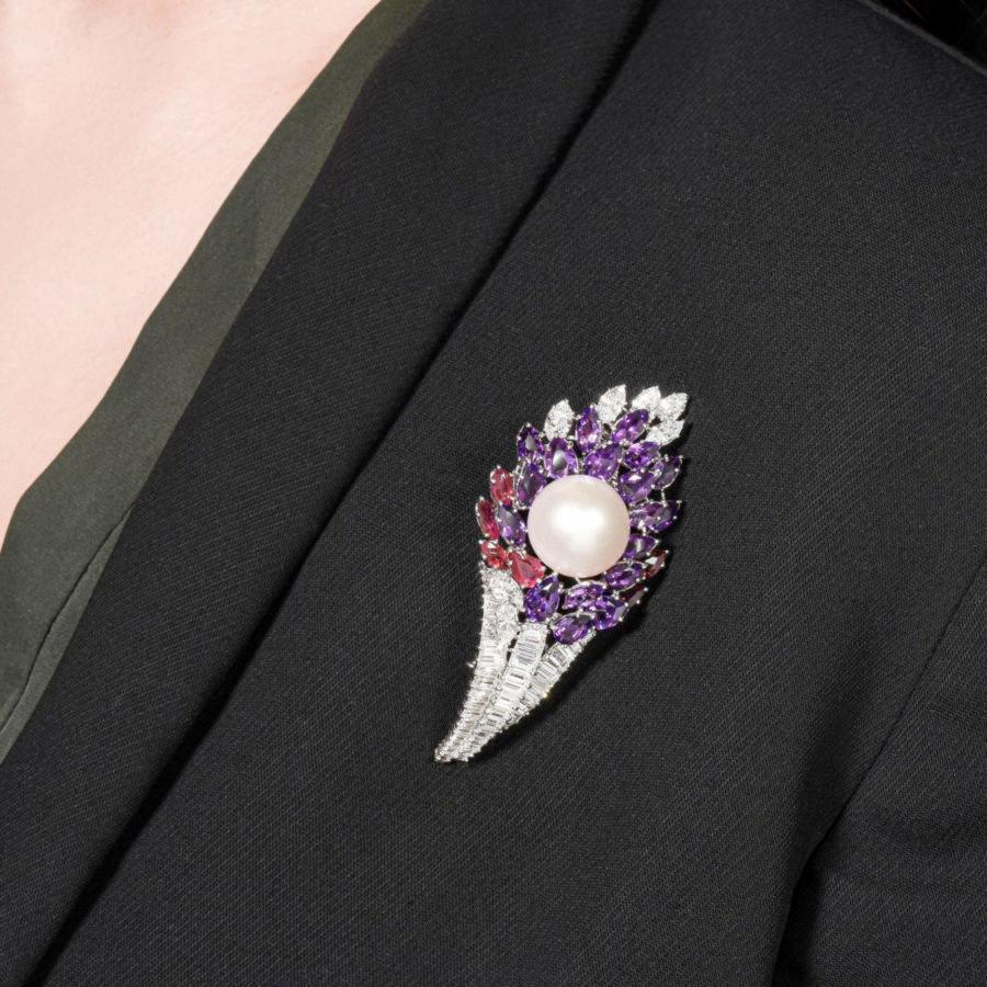 David Webb 18K White Gold Diamond, Amethysts, Ruby And Pearl Brooch — view 6 — Laura Milman New York