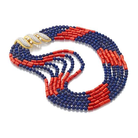 David Webb Platinum & 18K Yellow Gold Multi-Strand Lapis, Coral Necklace — view 5 — Laura Milman New York