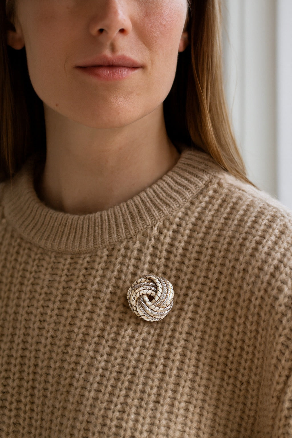 David Webb 18K Yellow Gold White Enamel And 8.00cttw Diamond Knot Brooch — view 6 — Laura Milman New York
